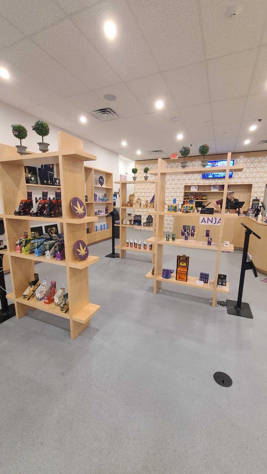 Cannabis products on the sales floor display shelves at ANJA in Highland Park