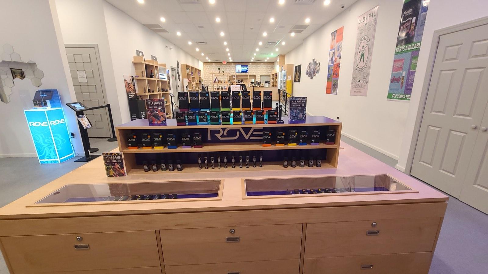 Vape and concentrate display counter on the sales floor at ANJA
